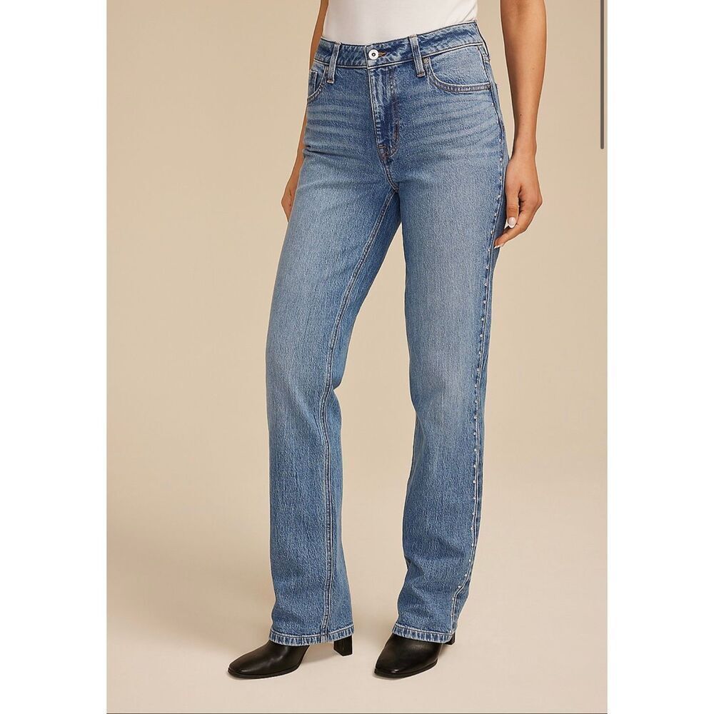 Edgely High Rise Studded Relaxed Straight Jean Medium Sandblast Size 10 Tall